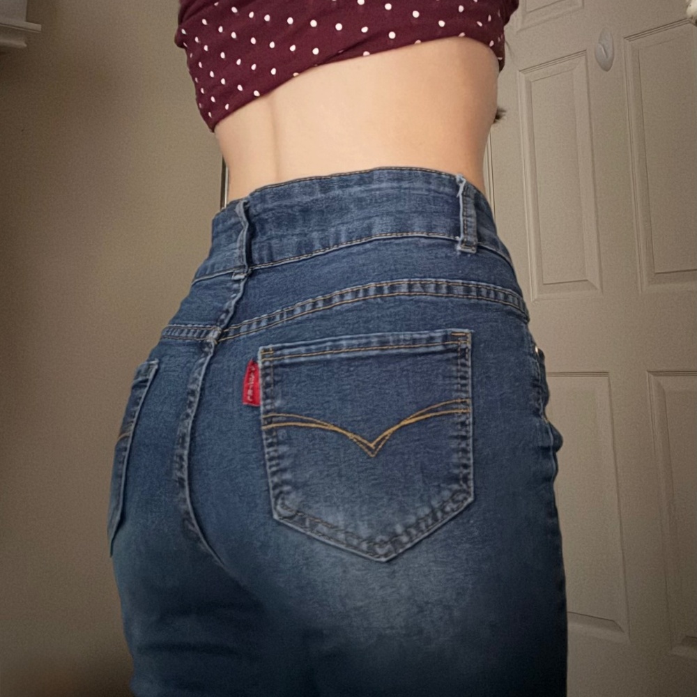 Dark blue low-rise bootcut jeans